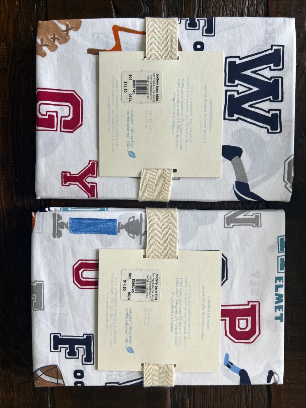 NWT Pottery Barn Kids Liam Sports Full Sheet Set + 2 Extra Pillowcases 6pc